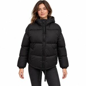 H&M Hooded Puffer Jacket Womens XS Black Quilted Zip Front 1009247